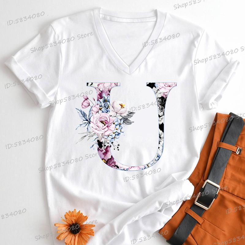 Watercolor Letter C Print Women Vneck Tshirts 26 Initials Flower Retro Classic Tops Alphabet Floral Womens Birthday Gift Tees
