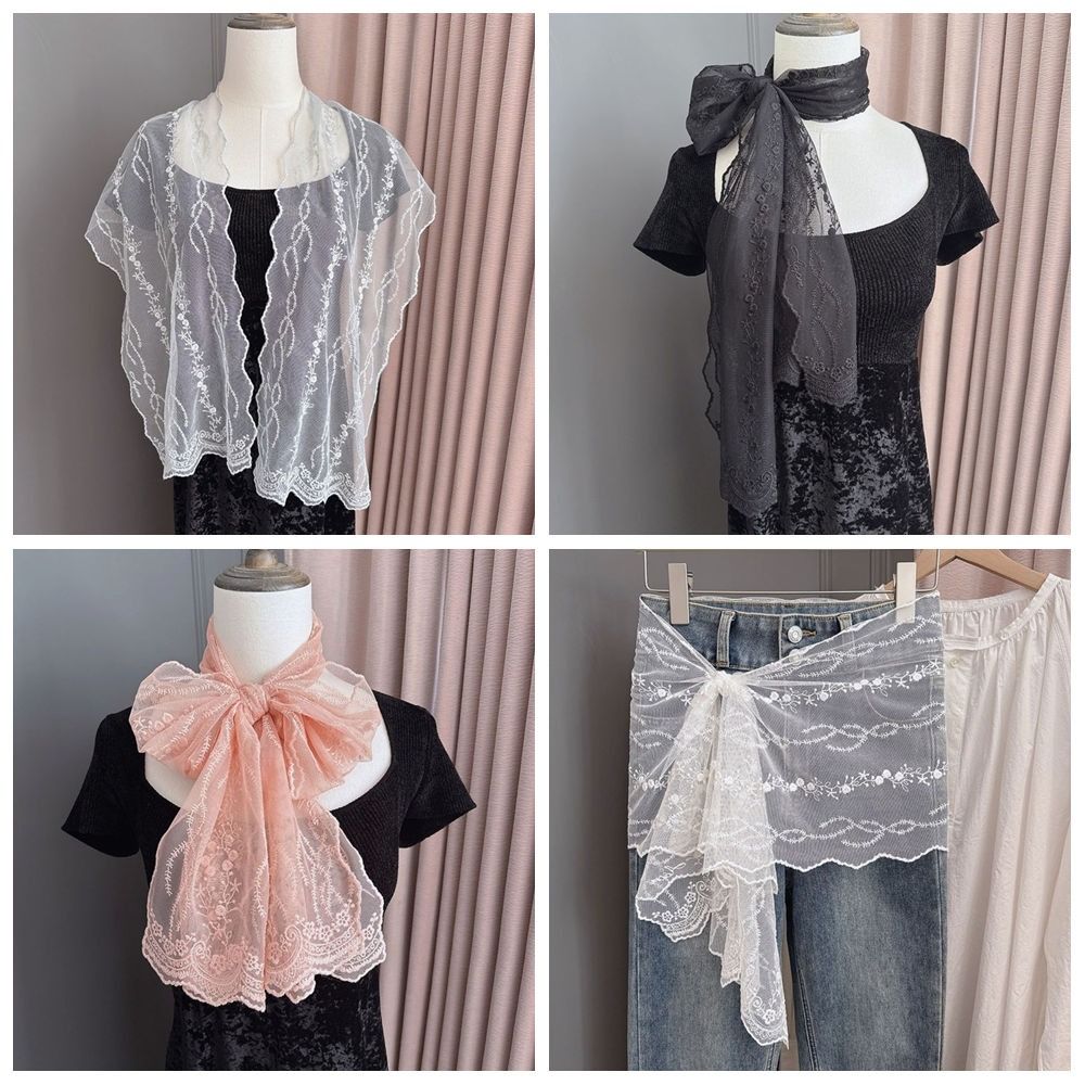 Solid Color Women's Lace Scarf Embroidered Flower Korean Version Scarf Women's Accessory