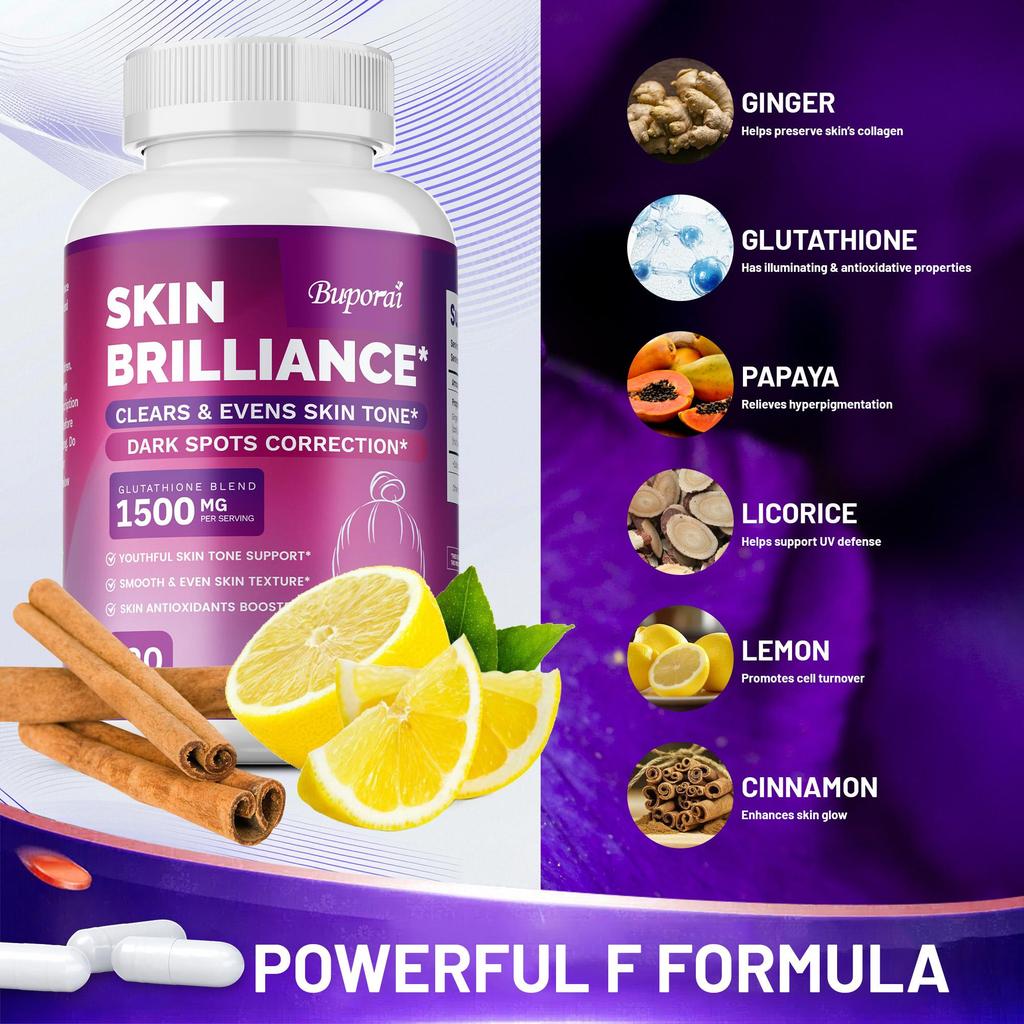 Buporai Le Capsule di Glutatione supportano un tono della pelle uniforme, migliorano la texture della pelle e schiariscono le macchie scure.