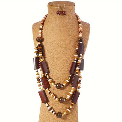 Bohemian Vintage Style Handcrafted Wooden Bead Necklace and Earrings Set, Boho Chic No Plating Fashion Jewelry for Daily