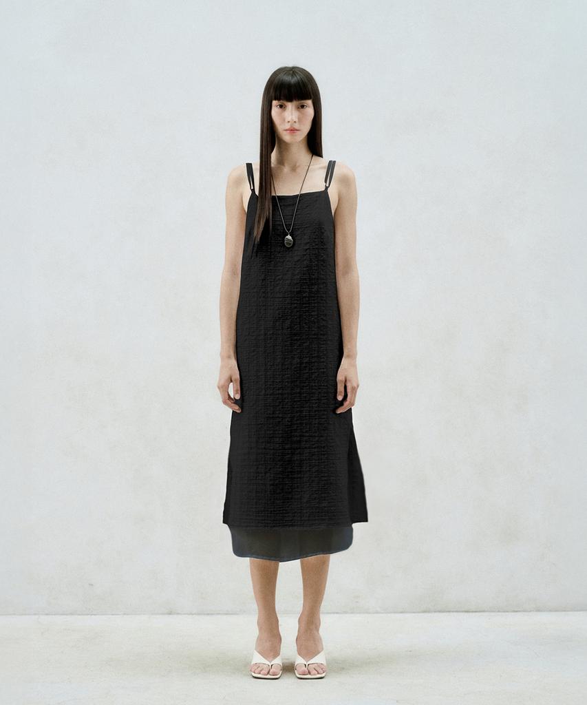 Rie Checked-Chiffon Layered Midi Dress Black