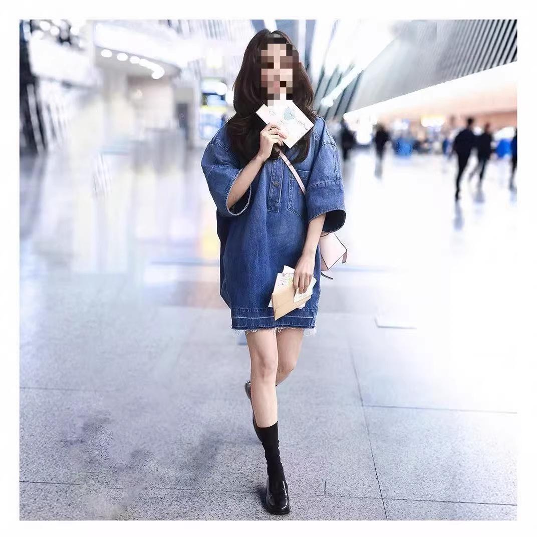 

Zhang Ruonan Style Casual Loose Cotton Denim Dress, Flattering Mid-Sleeve Short Skirt for Spring/Summer 2026 XL