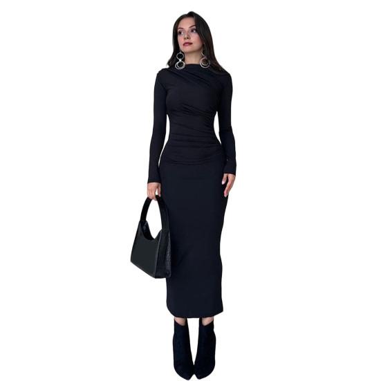 Figurbetontes Kleid für Damen Mock-Neck Langarm Midi-Kleid Gerafft Slim Fit Party Cocktail Formelles Kleid Herbst Hochzeitsgastkleid