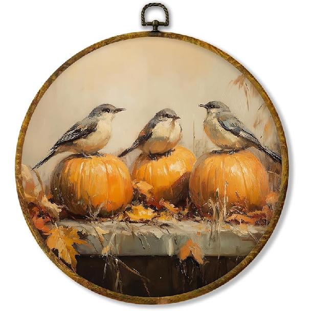 shiviody Fall Halloween Pumpkin Canvas Wall Art Decor, Autumn Halloween Hat Wall Art, Dark Moody Thanksgiving Round Hanging Frame Prints Decorations