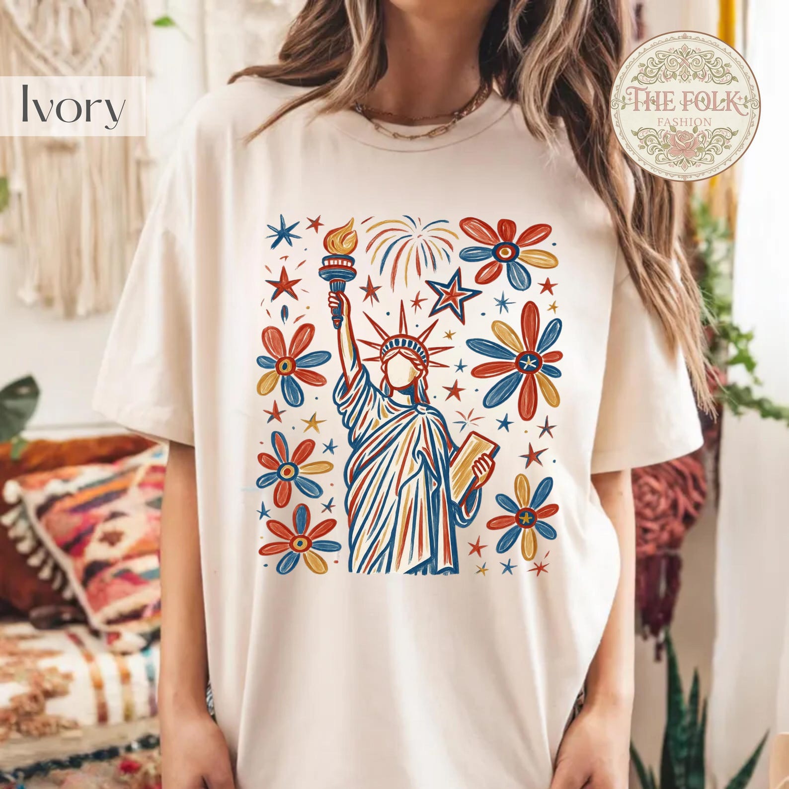 Statue of Liberty Shirt, Retro 4th of July T-Shirt, Patriotic Liberty Tee, Vintage USA Fireworks Top, Independence Day Floral Gift Shirt 3XL