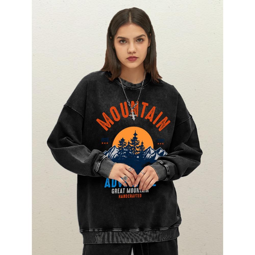 Mountain Adventure Great Handcrafted Design Womens Washed Sweatshirts Loose Cotton Sportswear Autumn Crewneck Clothing