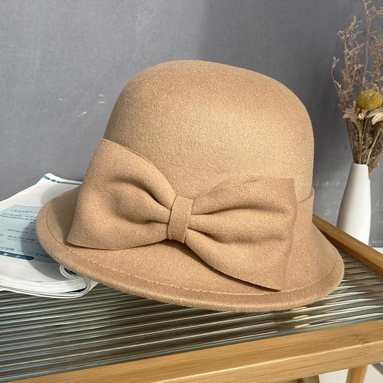 Cappello a secchiello in lana autunnale e invernale da donna con fiocco alla moda e semplice a tesa stretta Cappello a cilindro elegante in feltro da celebrità