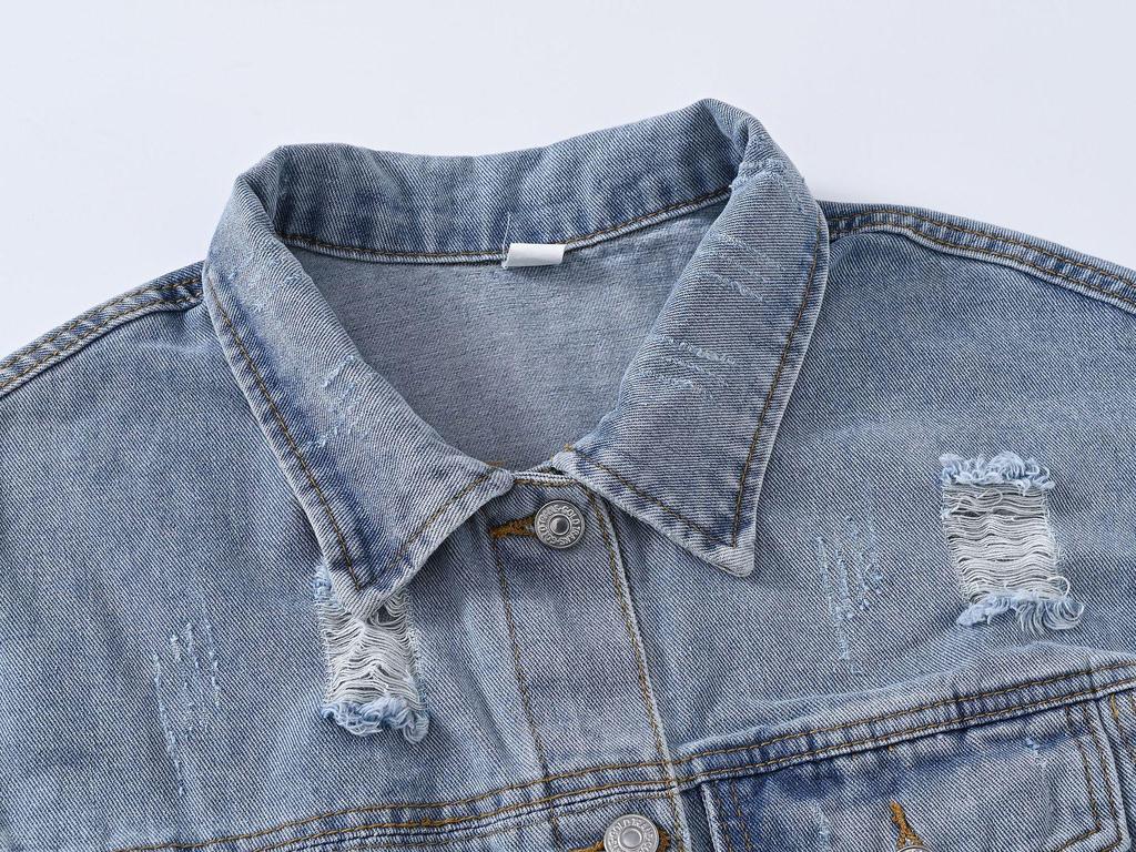 Women's Retro Patchwork Denim Jacket - Frayed Hem, Slimming, Loose Fit, Plus Size, Spring & Autumn Casual Style with Pockets