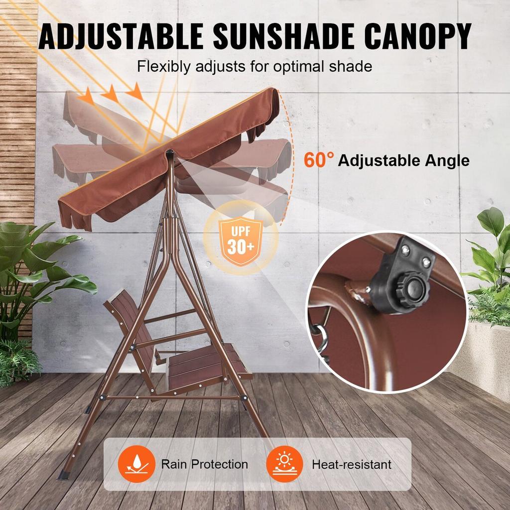 3-Seat Patio Swing Chair, Outdoor Patio Swing with Adjustable Canopy, Porch Swing with Armrests, Teslin Fabric and Alloy Steel Frame, for Balcony,