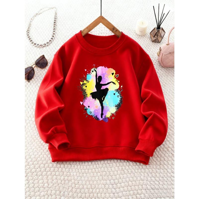 Girls Crew Neck Sweatshirt | Ballet Dancer Silhouette with Colorful Splash Heart Pattern, Casual Style 110 красный