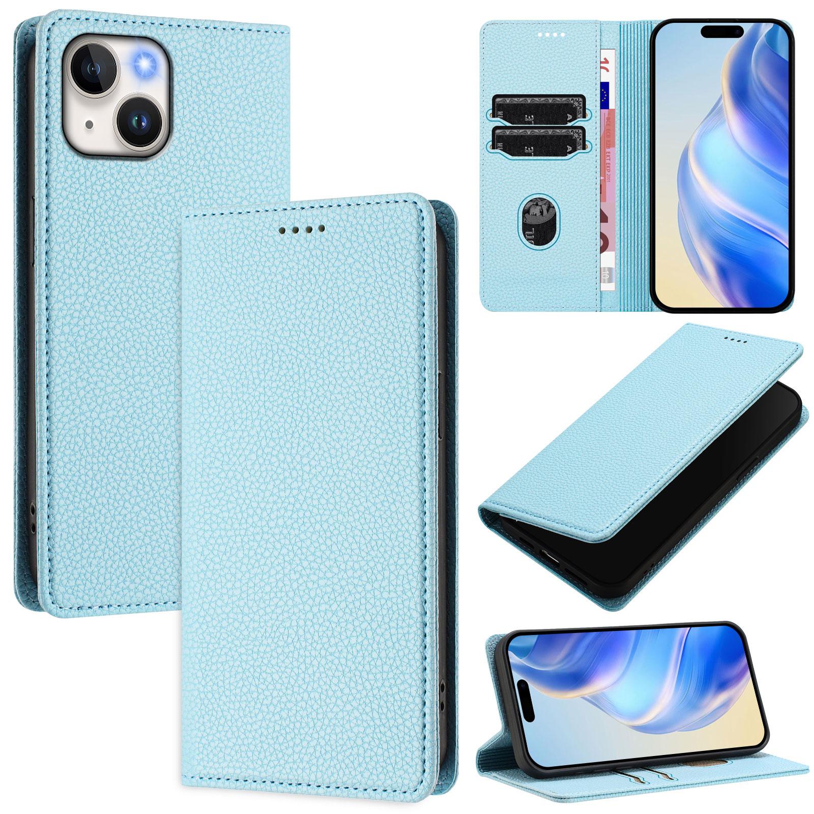 

For iPhone 15 Wallet Case RFID Blocking Litchi Texture Leather Mobile Cover Baby Blue