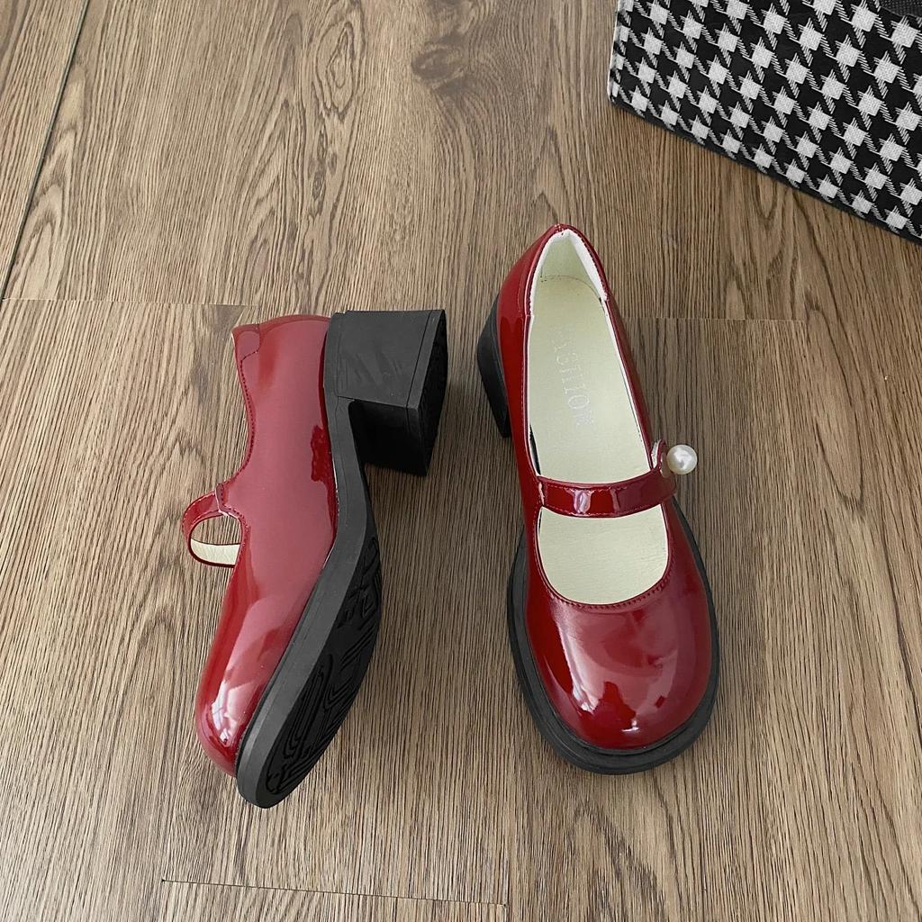 Fashion Thick Heel Red Women Mary Jane Shoes Fashion Round Toe Shoes 2025 Spring Ladies Casaul College Style Pumps