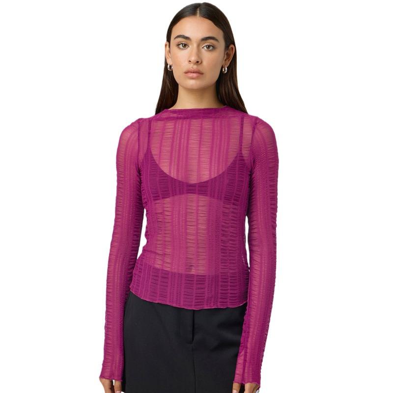 Dámský sexy top s průstřihy, kulatým výstřihem, jednobarevný, průsvitný, s dlouhým rukávem