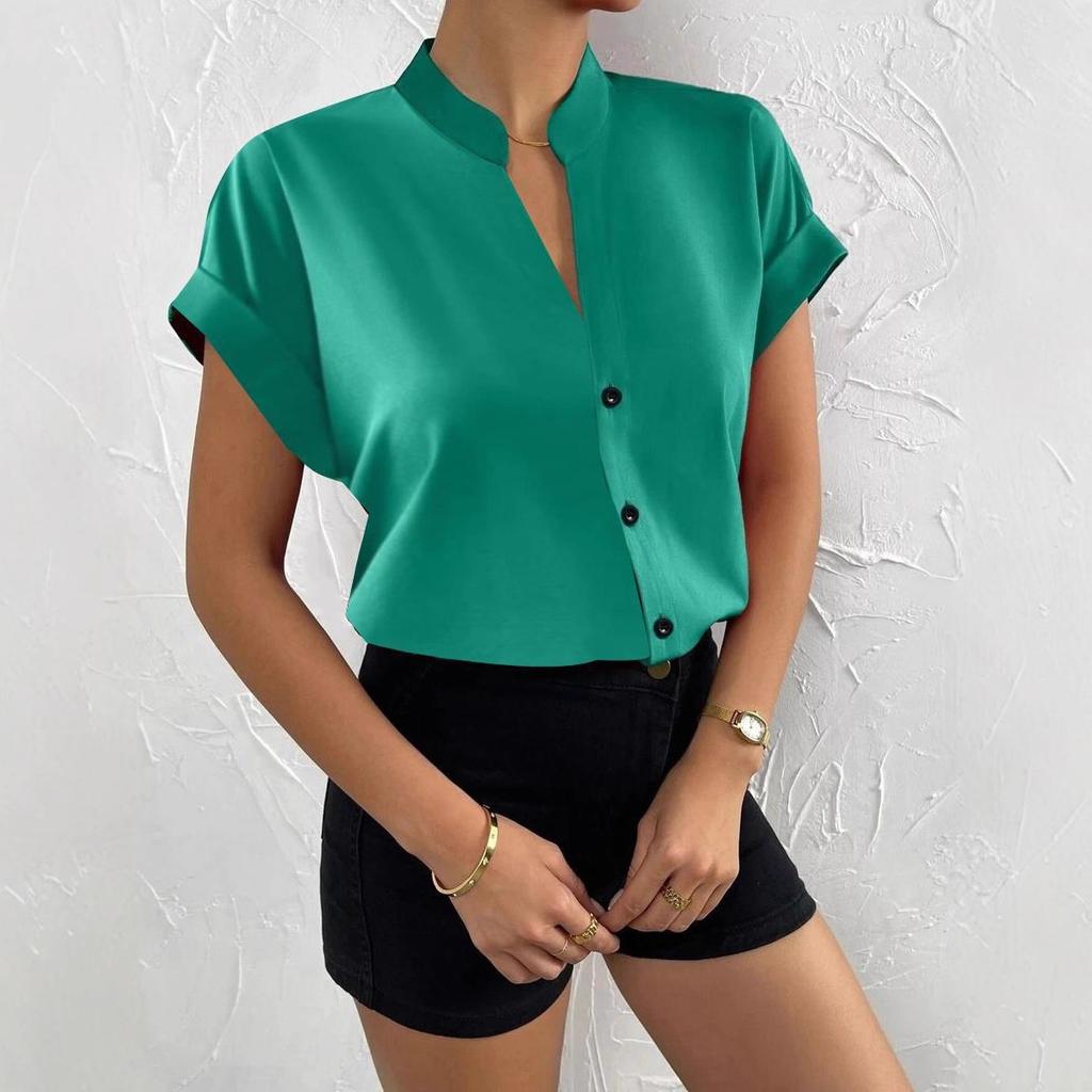 Women Solid Folds PU Leather Button Turn Down Collar Bodycon Working Black Blouse Tops