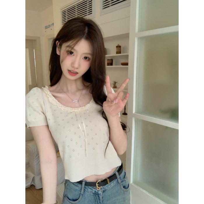 2024 Summer Lace Bow Knitted Short Sleeve T-Shirt - Women's Slim Fit Sweet Student Top