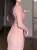 French Pink Knit Tie-Up Dress – Women's High-End Waist-Cinched Long Dress for Autumn/Winter 2025