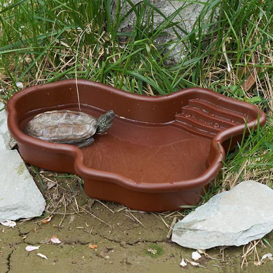 Turtle Water Basin with Anti-slip Ladder Bathing Platform Drainage Hole Tortoise Reptiles Bathtub Habitat Landscaping Water Holder Bowl Dish