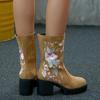 Embroidered Platform Block Heel Single Boots Autumn New Round Toe Suede Non-Slip Wear-Resistant Side Zip Mid-Tube Boots