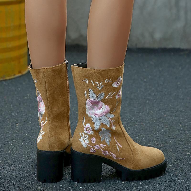 Embroidered Platform Block Heel Single Boots Autumn New Round Toe Suede Non-Slip Wear-Resistant Side Zip Mid-Tube Boots