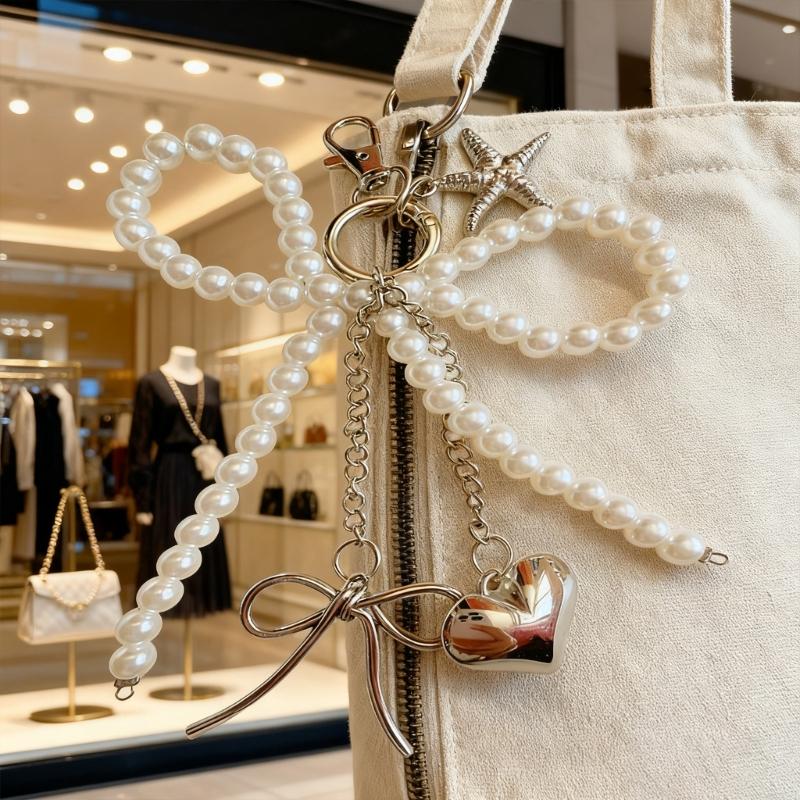 Delicate Bows Keychain Key Holder Featuring Pearls Accent And Starfish Design Fashionable Wallet Handbag Charm