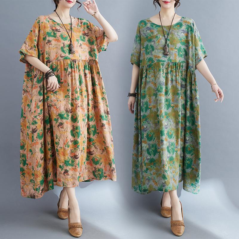 Dimanaf Vestido de Verano Talla Grande para Mujer Casual Largo Vintage Lino Suelto Básico Estampado Floral