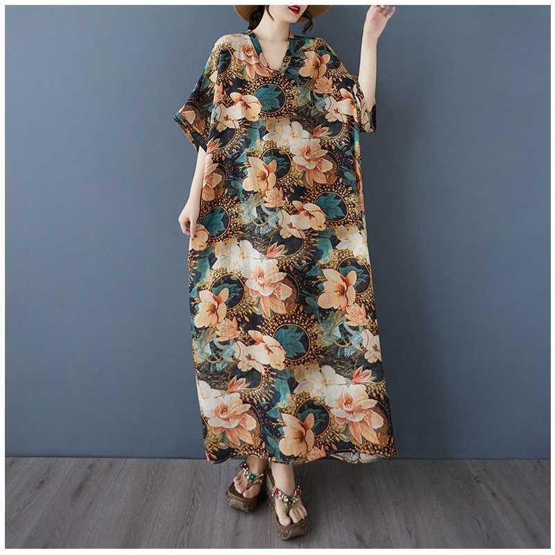 Women's Vintage Long Dress with Cotton and Linen Patterns