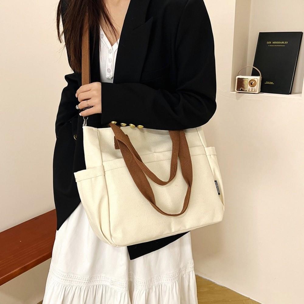 Multi-Pocket Canvas Handbag Zipper Commuting Crossbody Bag Simple Large Capacity Tote Bag Daily
