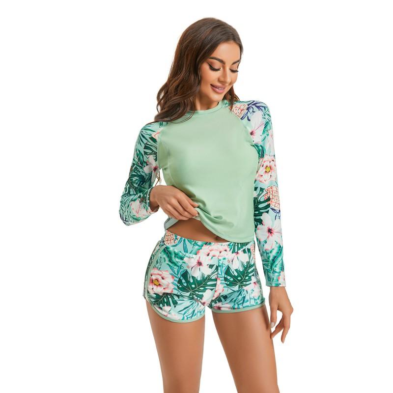 Damen Langarm UPF Badeanzug Set Mit Gedrucktem Blumenmuster Sportlicher Rash Guard Dreieckiger Slip Sonnenschutz Schwimmen