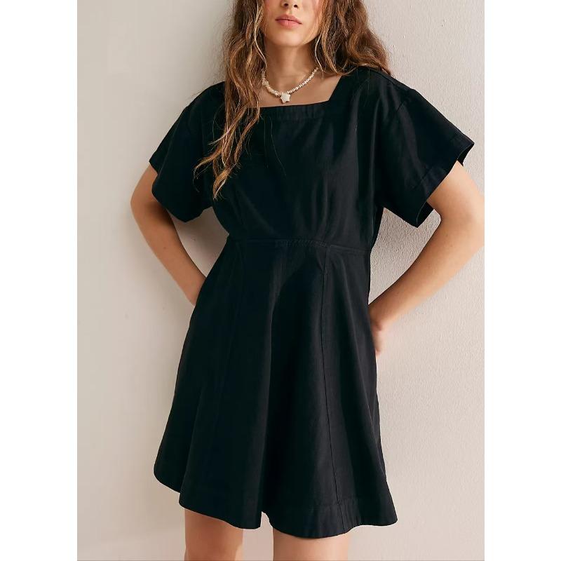 Women's Square Neck Short Sleeve Fashion Short Button Casual Dresses