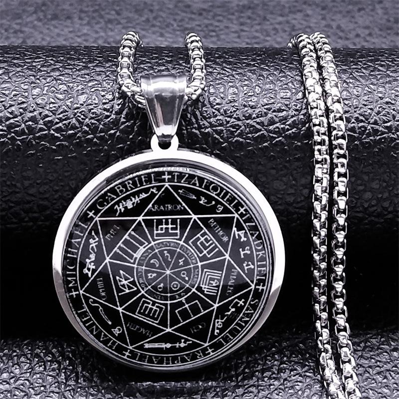 Stainless Steel Seven Archangels Glass Pendant Talisman Necklace