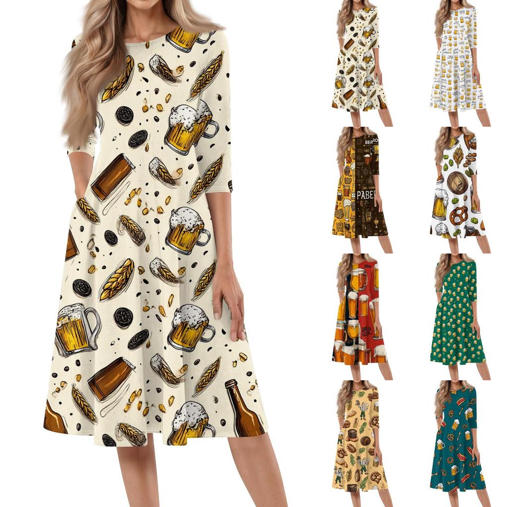 Casual Mid-Length Dress with Round Neck and Three-Quarter Sleeves Featuring Beer Glass Print Suitable for Everyday Wear and Events
