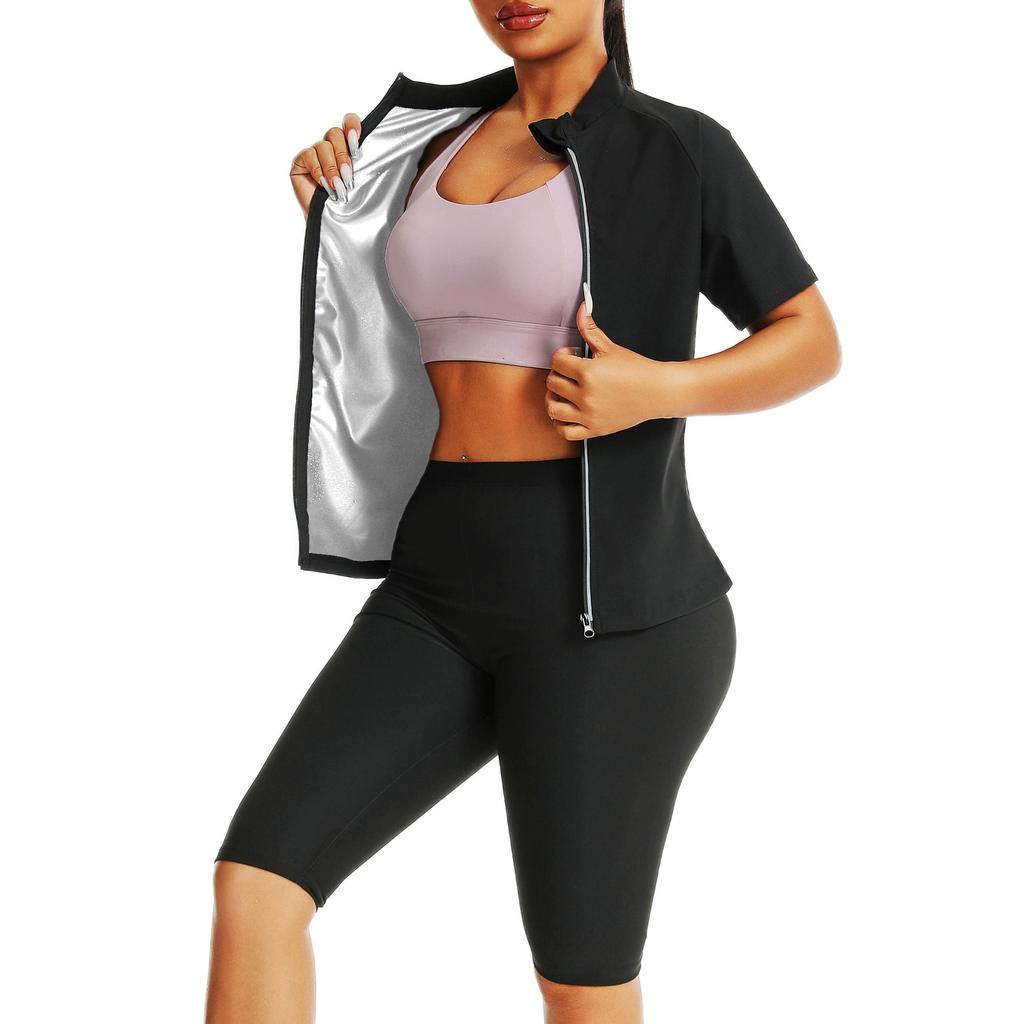 Damen Sauna Anzug 2-teiliges Set Kurzarm Top + Shorts Heißes Schweiß-Schlankheits-Sportbekleidung für Yoga Laufen Workout