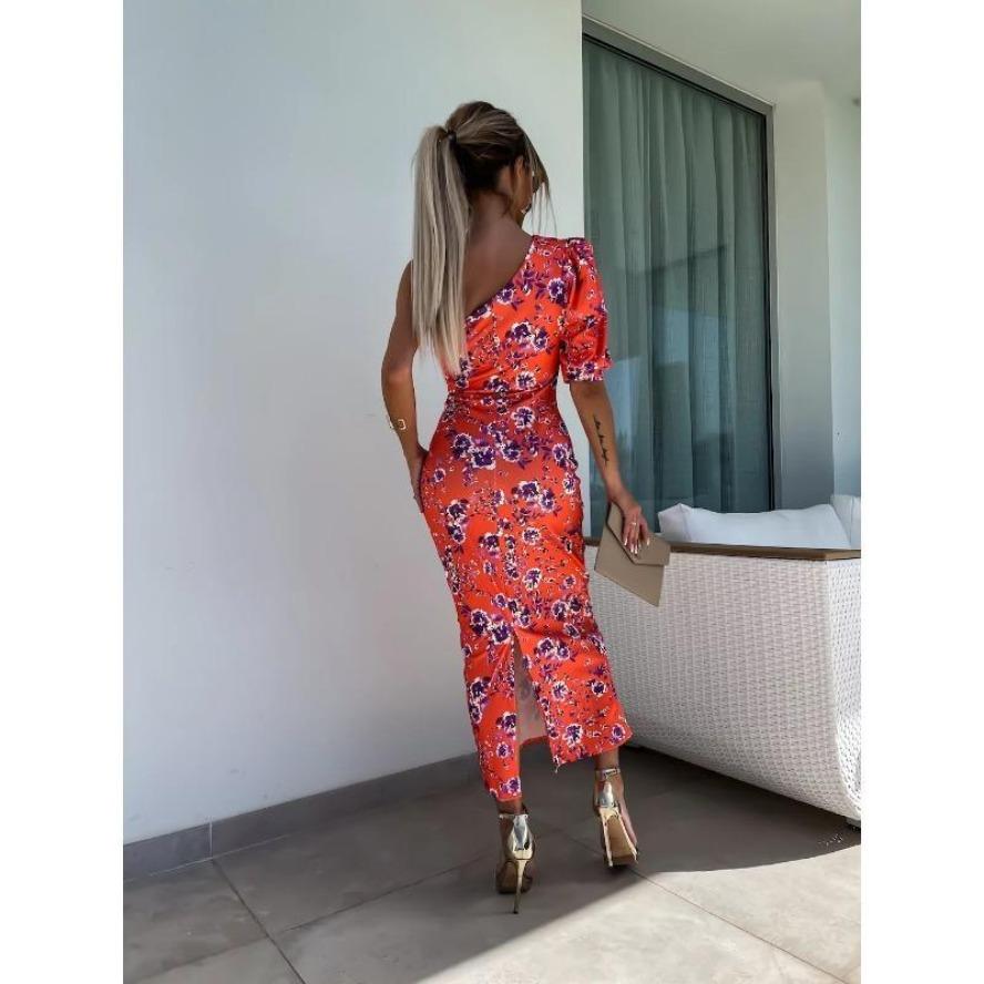 YYFS Women's Fashion Summer Spring 1/2 Sleeves Oblique Collar High Waist Casual Dresses