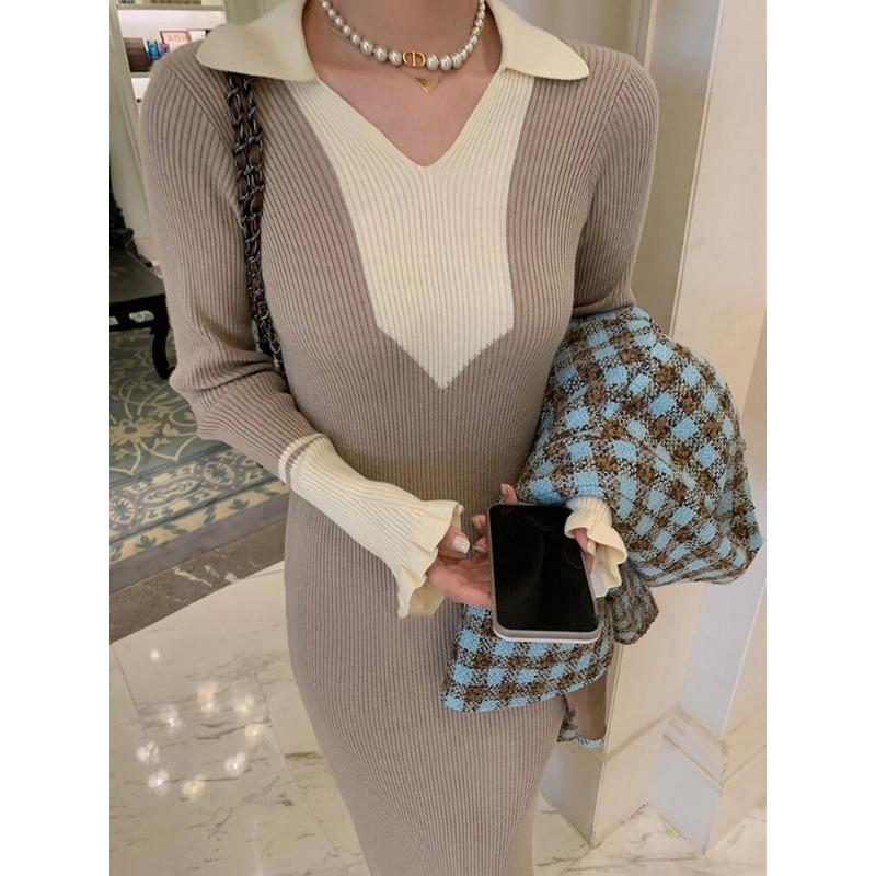 Beautiful rich family daughter feeling long black sweater with knitted backing dress women's autumn and winter