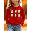 European Sizes Kids' Long Sleeve Top, Fashionable Round Neck Sweatshirt with Fun Cat and Bubble Tea Print, Cute Top for Casual Daily Wear