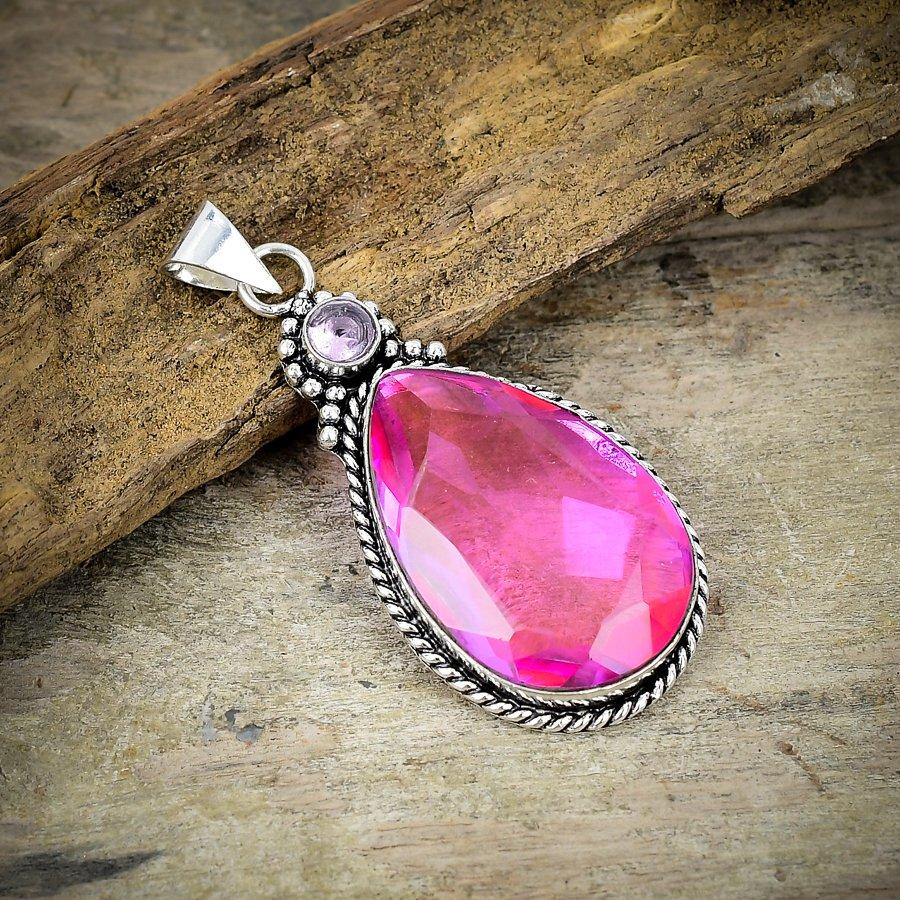 Pink Rubillite, Kunzite Gemstone 925 Sterling Silver Jewelry Pendant 2.44" M-188