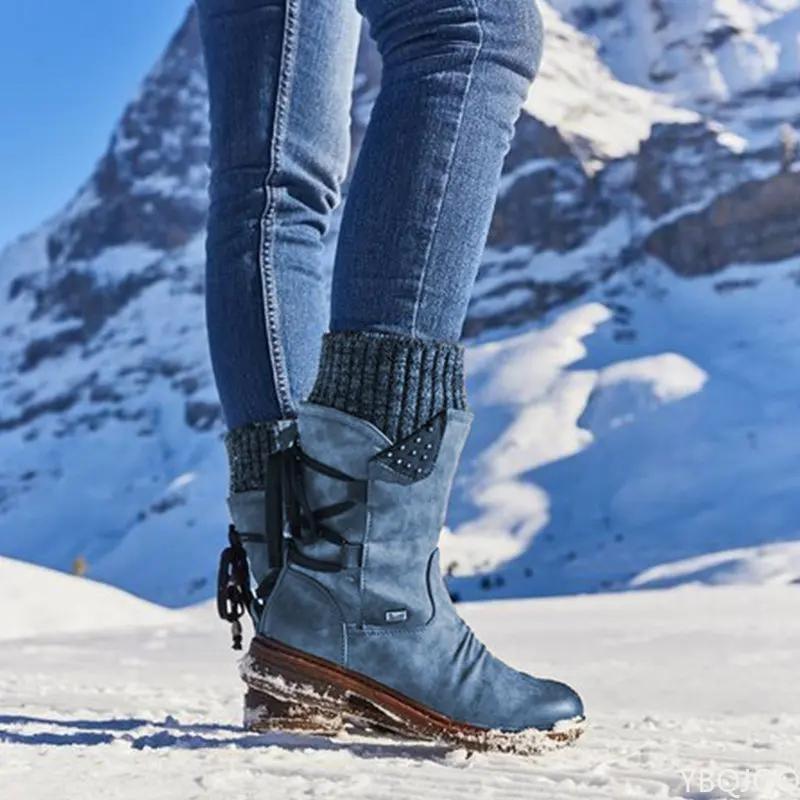 Women's Boots Winter 2025 Side Zipper Snow Boots Lace Up Women Shoes Size 43 Knitting Retro Ankle Boots Botas De Mujer