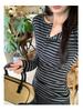 Women's High-End Lyocell Tencel Stripe Henley Neck Slim Fit Long Sleeve Top for Autumn/Winter
