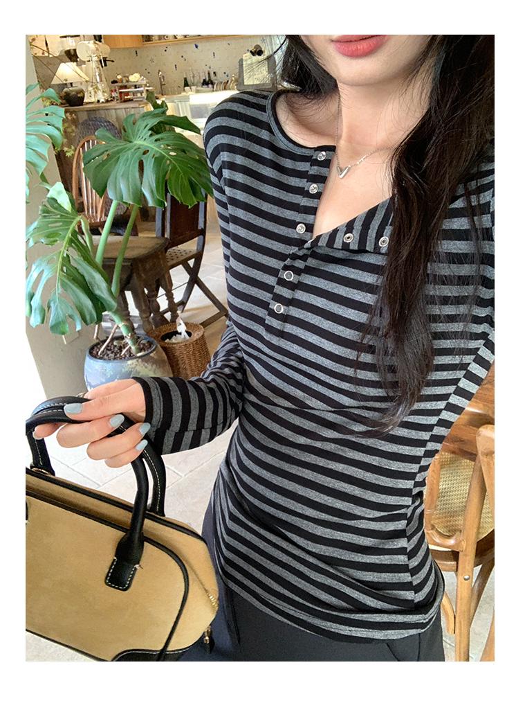 Women's High-End Lyocell Tencel Stripe Henley Neck Slim Fit Long Sleeve Top for Autumn/Winter