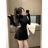 Pure desire Spice Girl turtleneck versatile long-sleeved dress women's autumn and winter new waist fluffy skirt, thin bottom skirt short skirt