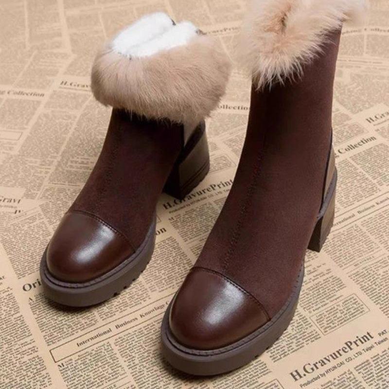 

Winter Spring Autumn Boots Cotton NonSlip Platform RoundToe New Fumbled Mid tube Round Toe Patchwork Cow Suede Non slip Rear Zipper 40