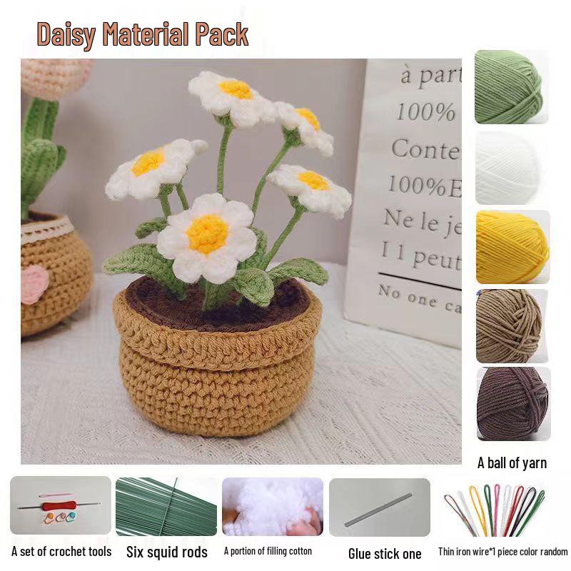 Crochet Tulip & Daisy Potted Bouquet Kit - Yarn Flowers & Ornaments