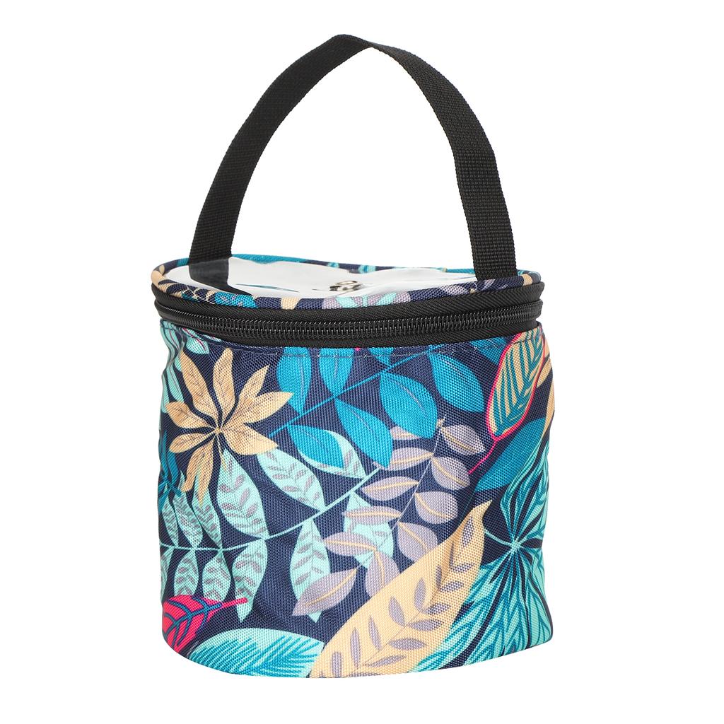 Kbelík s pytlem, vzor s listy, oxfordská látka, příze, klubko, jehla, drobnosti, dokončovací úložný nástroj, malý válec