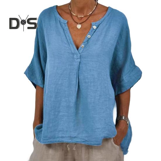 

Женская рубашка из хлопка и льна с V-образным вырезом, пуговицами, половинной планкой, половинным рукавом, дышащая, свободного кроя, топы на каждый день XL