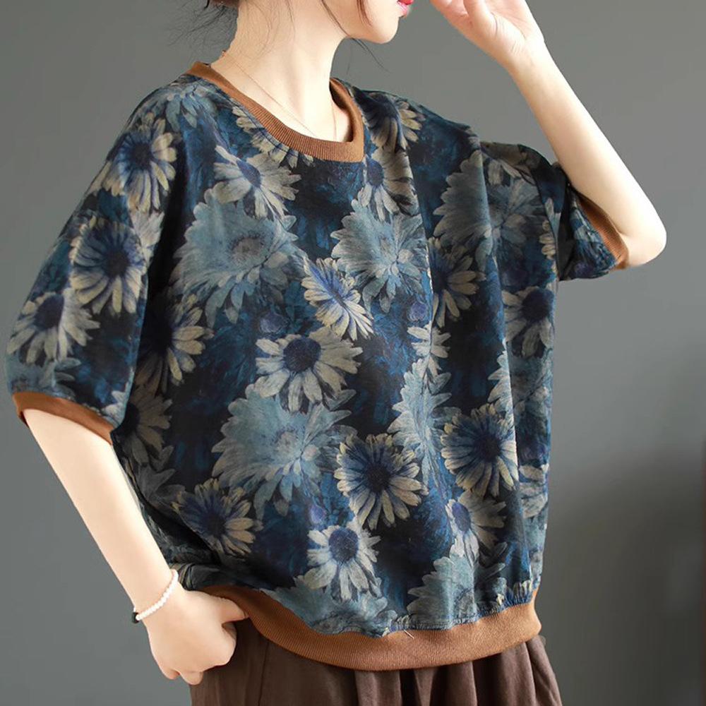 Women's Fashion Literary Style Printing Stitching Loose Short-sleeved T-shirt