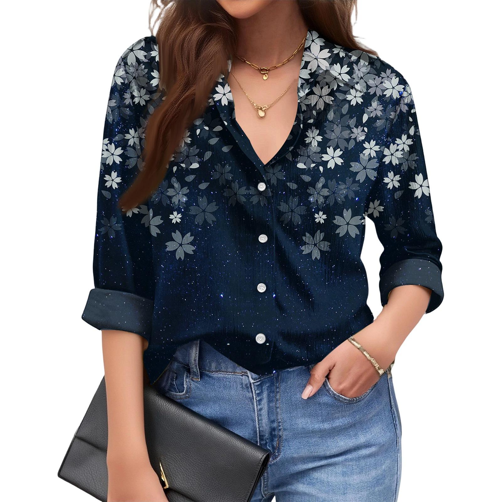 

Женская модная повседневная рубашка свободного кроя с длинными рукавами и цветочным принтом XXXL синий