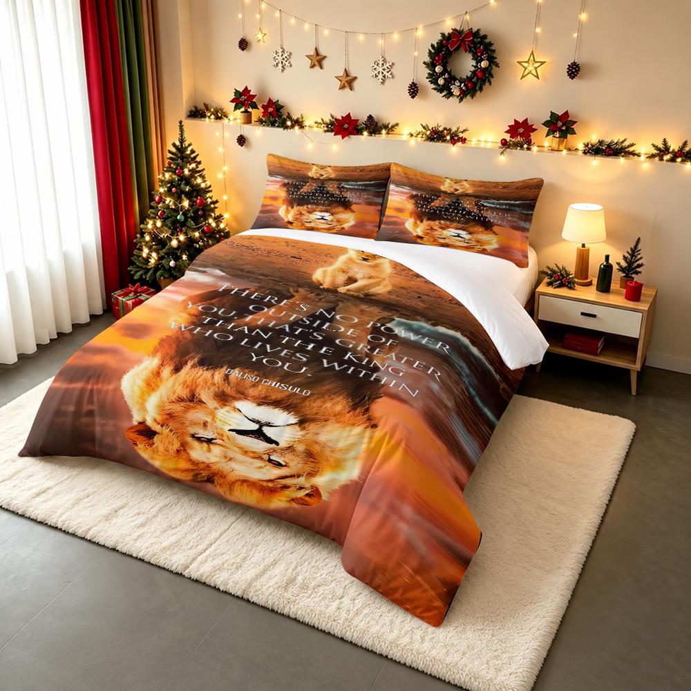 Lion Cub and Reflection Quote Bedding set (1 duvet cover, 2 pillowcases, duvet not included), Orange Safari Motivational Lion King Art Print