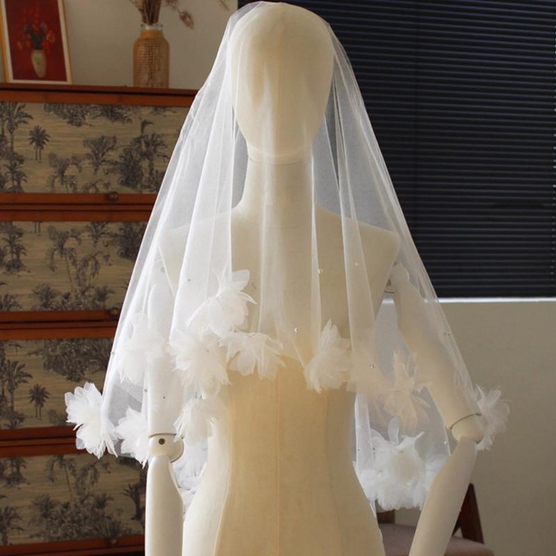 Flower Beaded Veil Wedding Veil Bridal Shower Headwear Photoshooting Accessory