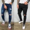 Distressed Knielöcher Elastische Röhrenjeans Herren Zerrissene Biker-Jeans Einfarbig Verwaschen Streetwear Schwarz Pantalones Hombre Joggers