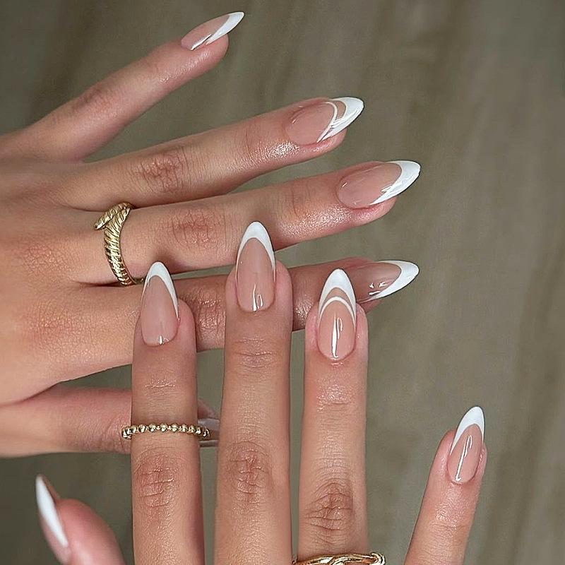 24 Pcs Nude Almond Press On Nails Simple Solid White Stick On False Nail Tips For Women Detachable Manicure